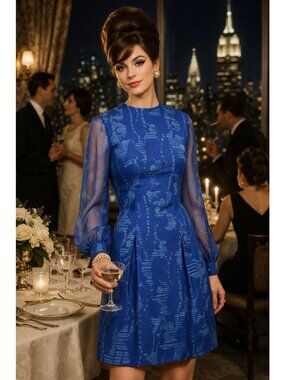 Vintage 1960s Evelyn Byrnes Dress Sz Medium Blue Silk Sheer Boho MOD Cocktail